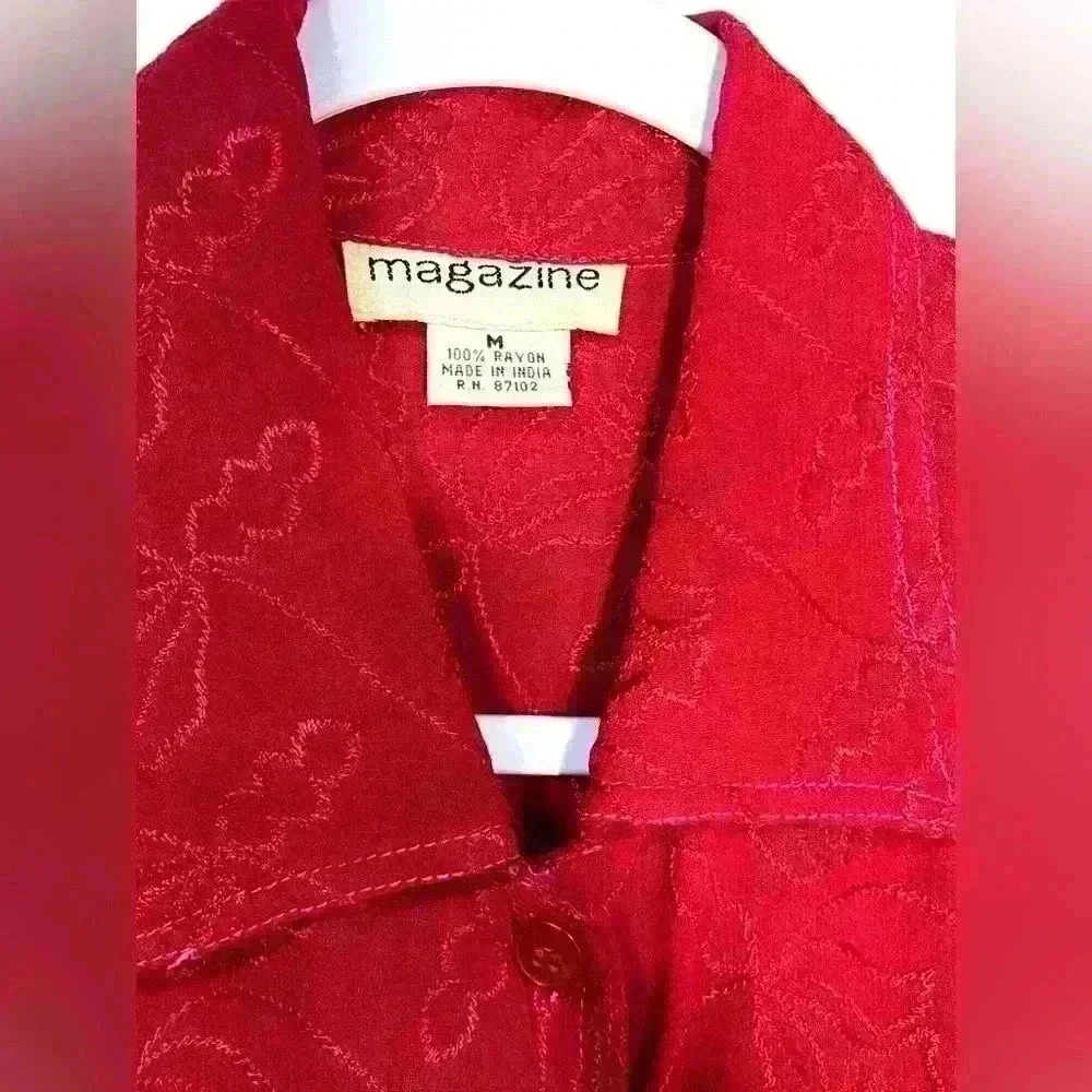 Women’s Sheer Red Button Down Blouse Decorative Embroidery Two Pocket Size M - Picture 6 of 8